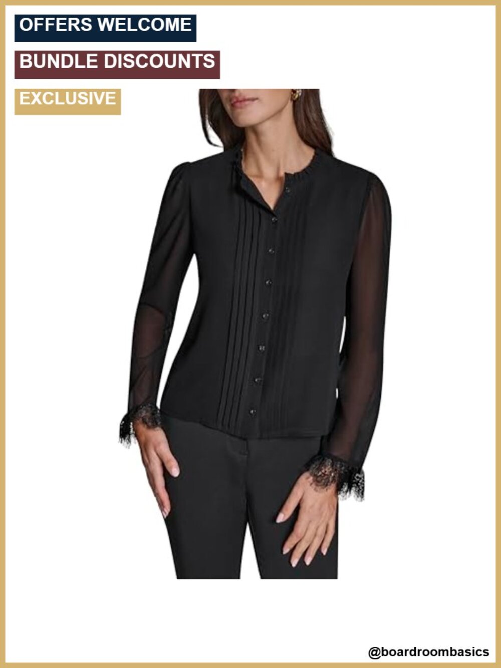 Long Sleeve Pleat Front Lace Trim Woven Blouse